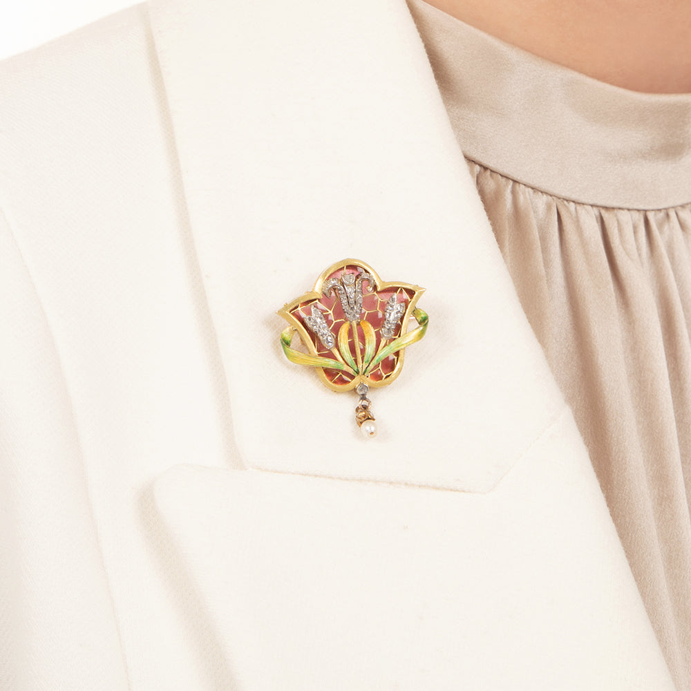 Art Nouveau Plique-a-Jour Diamond Pendant/Brooch - 3
