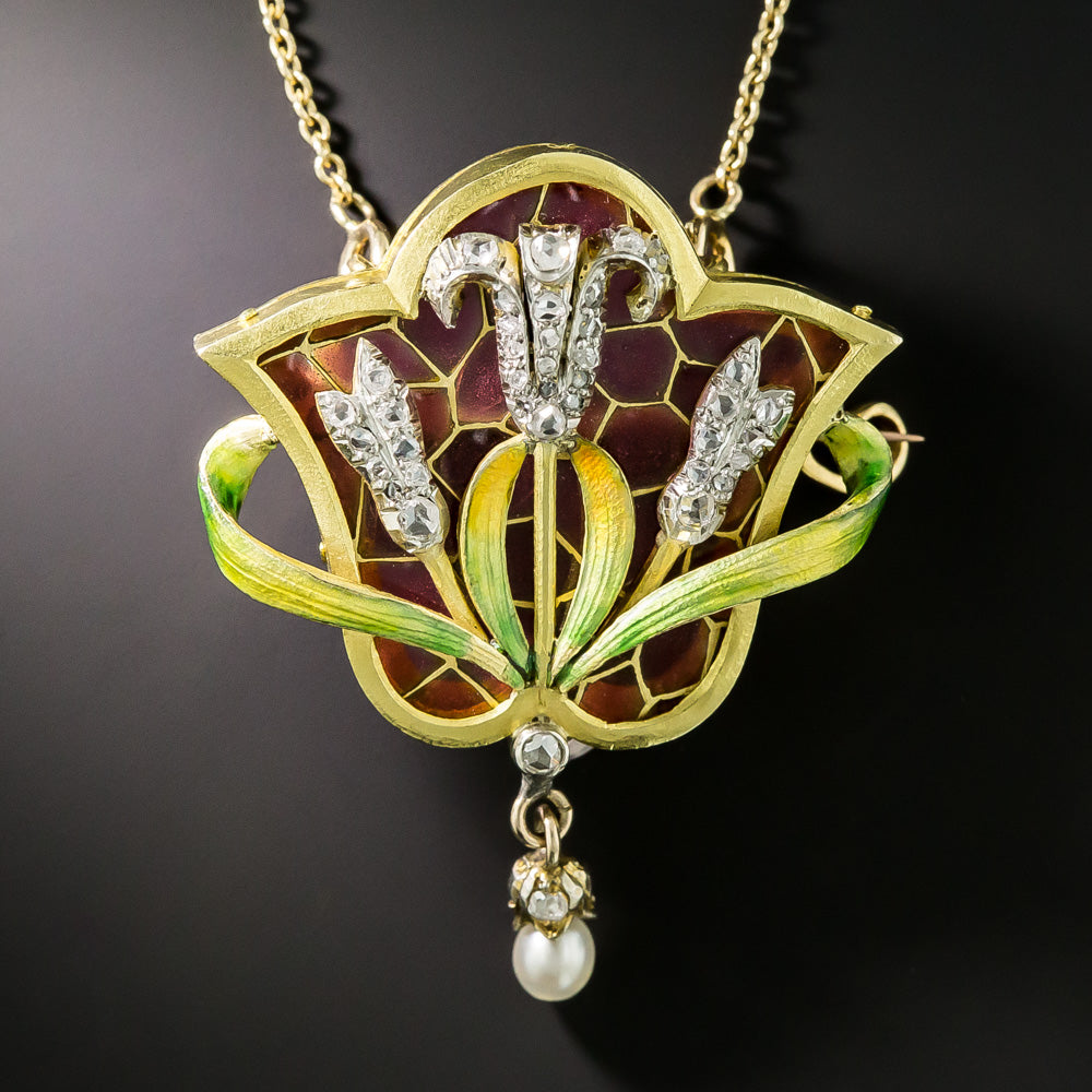 Art Nouveau Plique-a-Jour Diamond Pendant/Brooch - 2