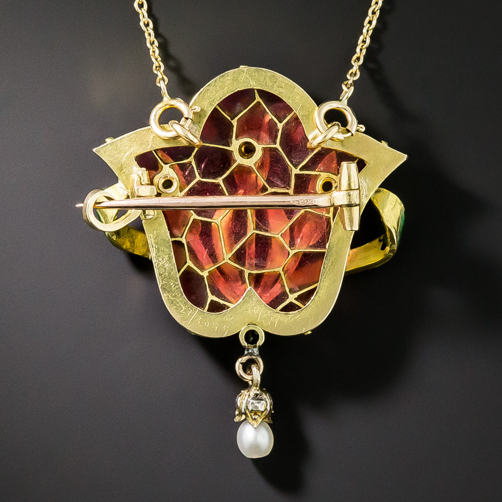 Art Nouveau Plique-a-Jour Diamond Pendant/Brooch - 3