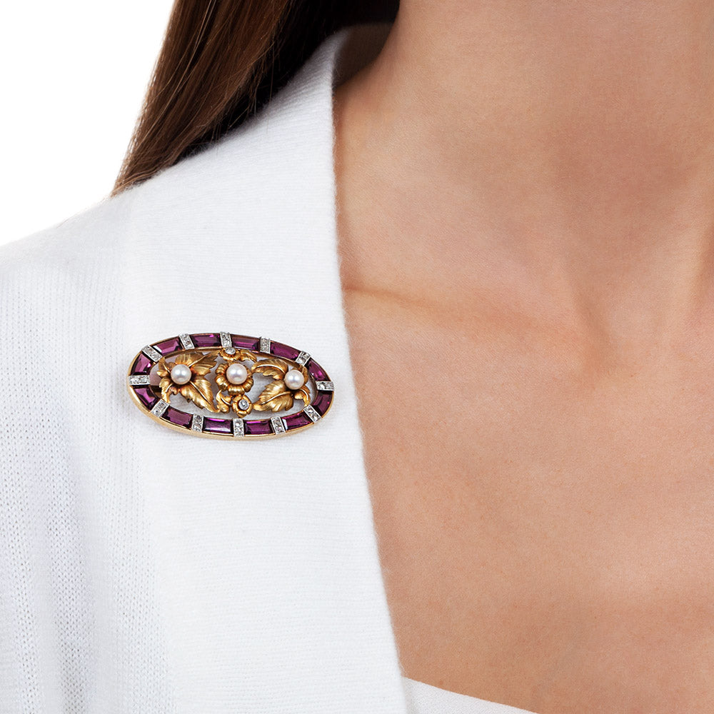 Art Nouveau Rhodolite Garnet, Pearl and Diamond Brooch - 5