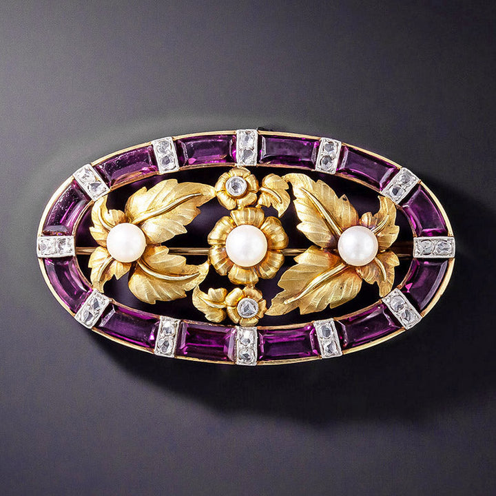 Art Nouveau Rhodolite Garnet, Pearl and Diamond Brooch