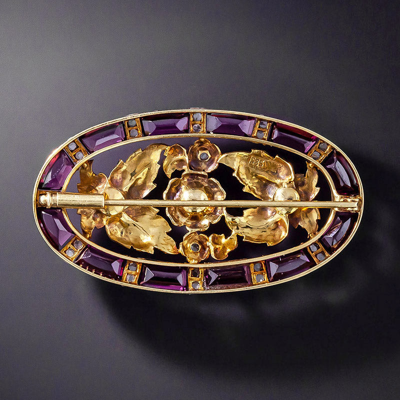 Art Nouveau Rhodolite Garnet, Pearl and Diamond Brooch - 2