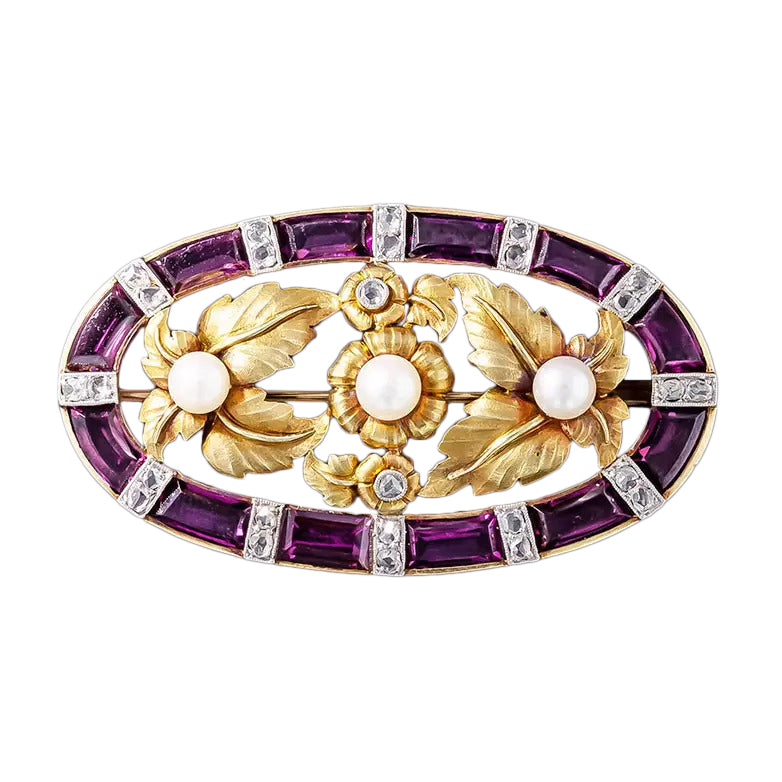 Art Nouveau Rhodolite Garnet, Pearl and Diamond Brooch - 3