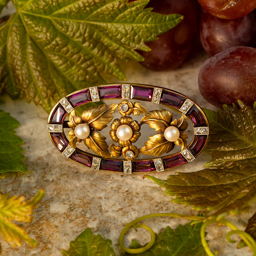 Art Nouveau Rhodolite Garnet, Pearl and Diamond Brooch - 9