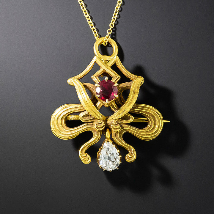 Art Nouveau Ruby and Diamond Brooch/Pendant