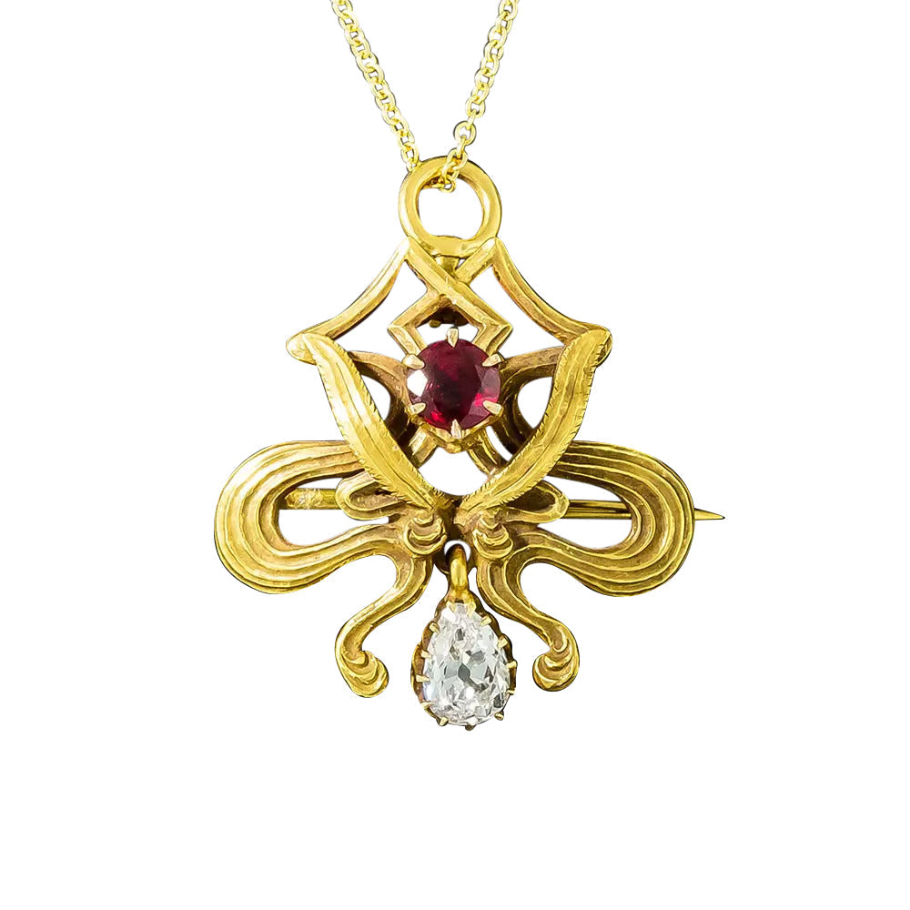 Art Nouveau Ruby and Diamond Brooch/Pendant - 5