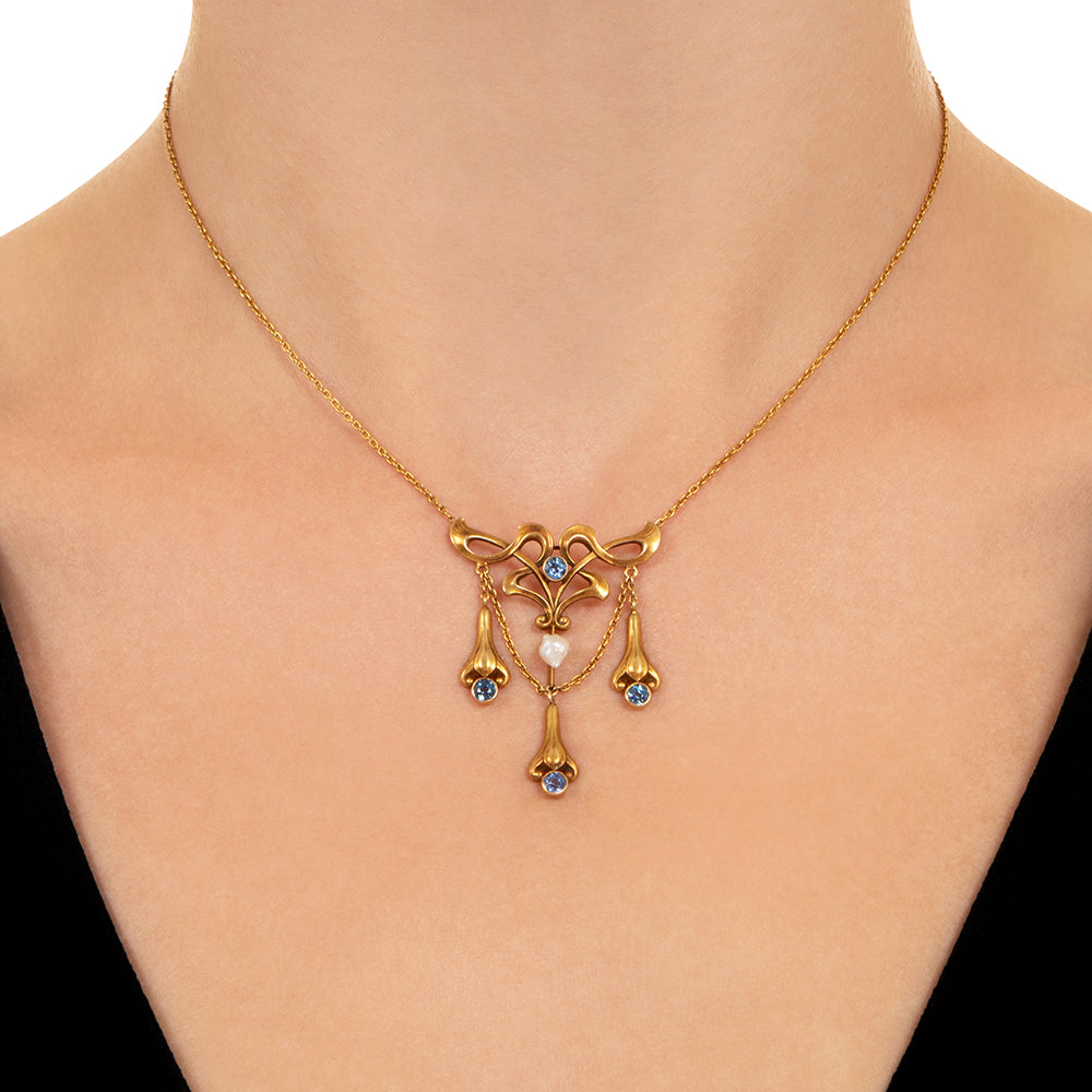 Art Nouveau Sapphire and Pearl Lavalière - 3