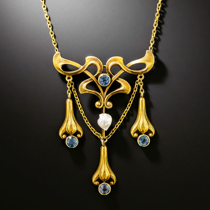 Art Nouveau Sapphire and Pearl Lavalière