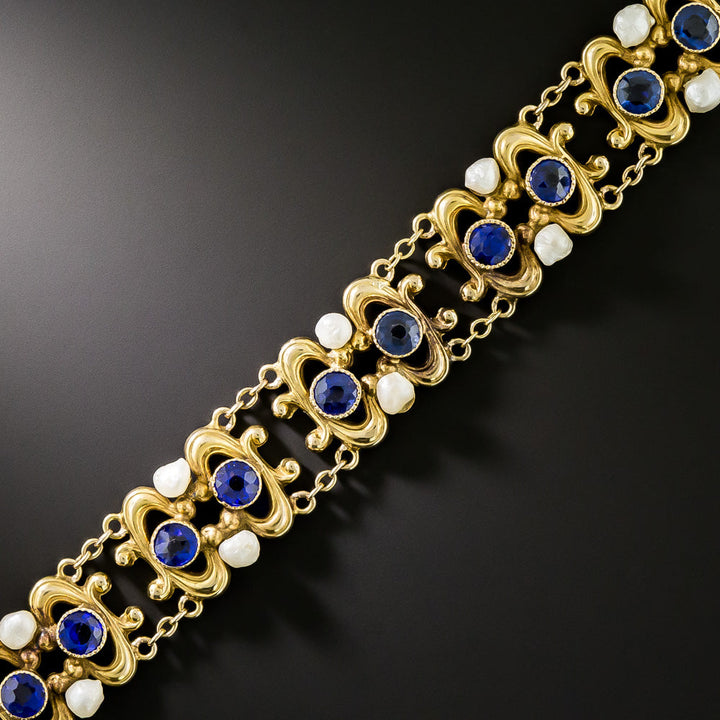 Art Nouveau Sapphire Blue Glass Doublet and Freshwater Pearl Bracelet