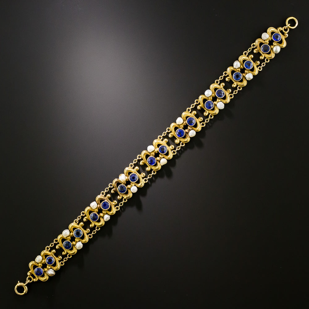 Art Nouveau Sapphire Blue Glass Doublet and Freshwater Pearl Bracelet - 3