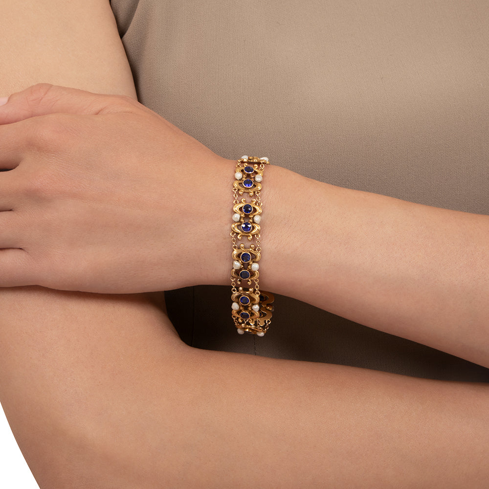 Art Nouveau Sapphire Blue Glass Doublet and Freshwater Pearl Bracelet - 4