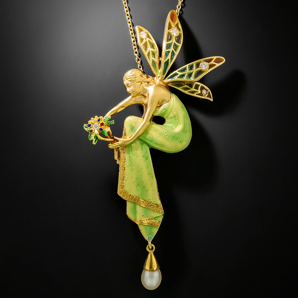 Art Nouveau-Style 18K Plique-à-Jour Diamond and Pearl Fairy Brooch, by Nouveau 1910, Spain - 2