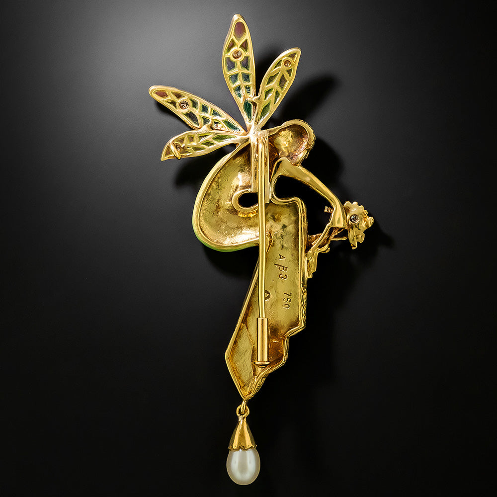 Art Nouveau-Style 18K Plique-à-Jour Diamond and Pearl Fairy Brooch, by Nouveau 1910, Spain - 3