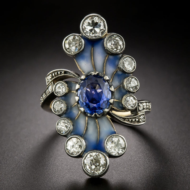 Art Nouveau-Style Sapphire and Diamond Enamel Ring - GIA