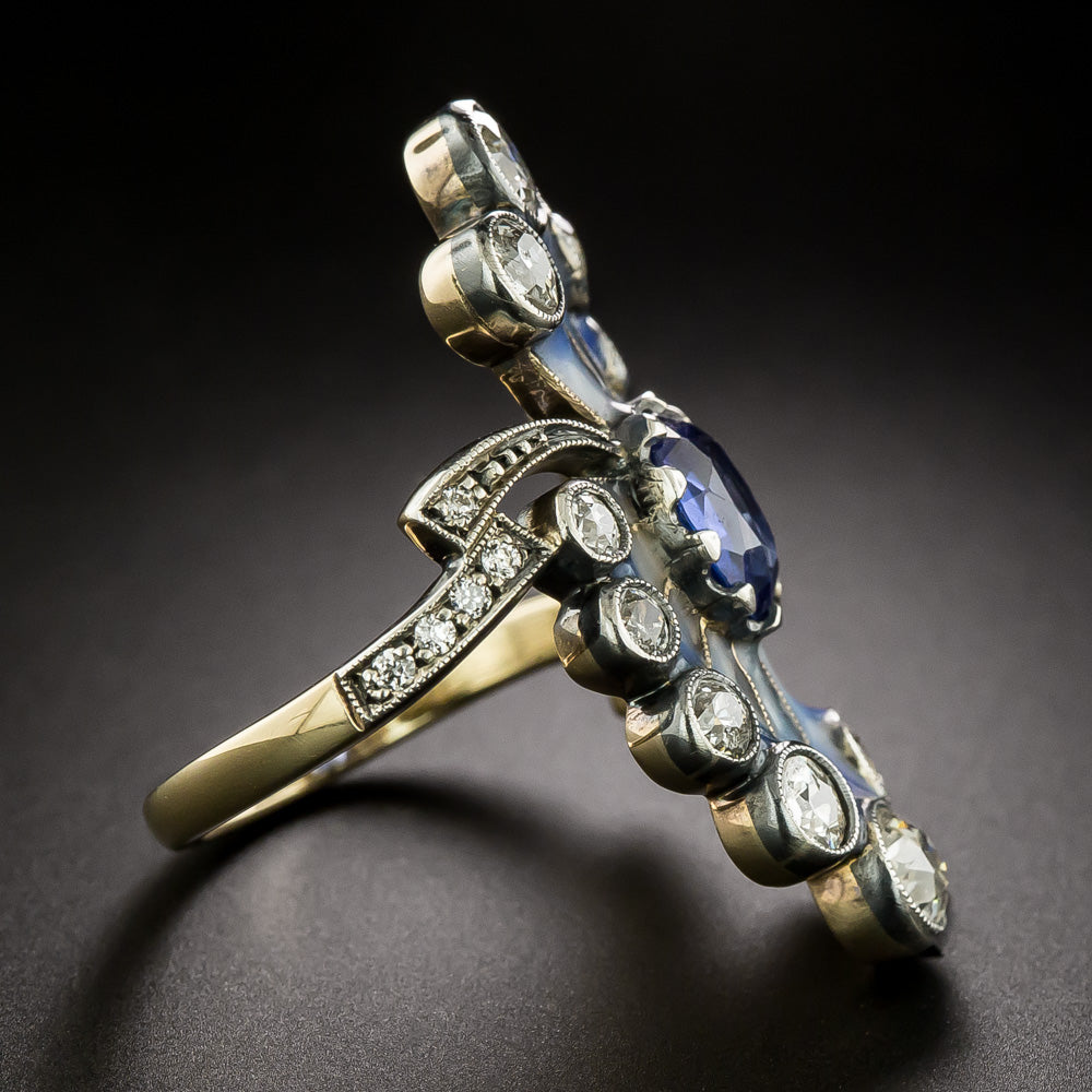 Art Nouveau-Style Sapphire and Diamond Enamel Ring - GIA - 3