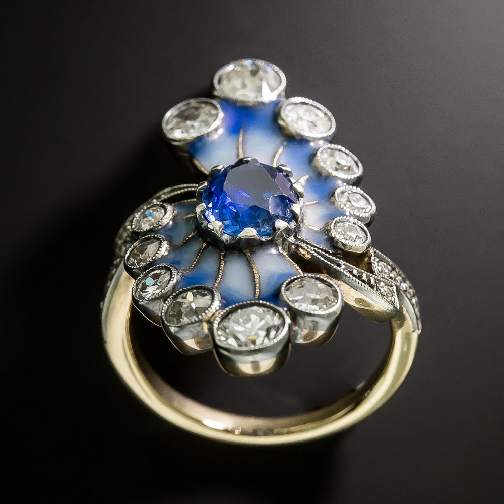 Art Nouveau-Style Sapphire and Diamond Enamel Ring - GIA - 4