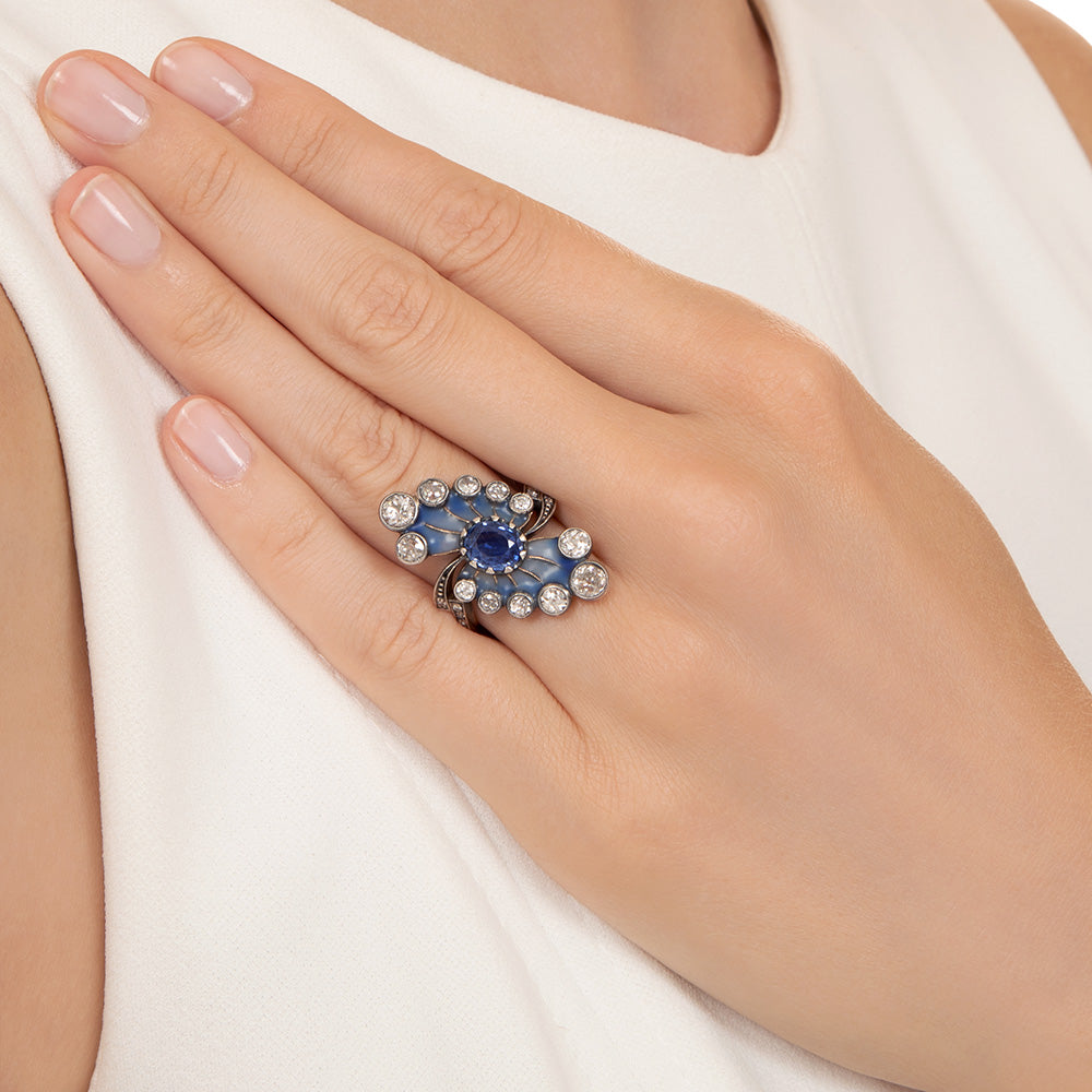 Art Nouveau-Style Sapphire and Diamond Enamel Ring - GIA - 5