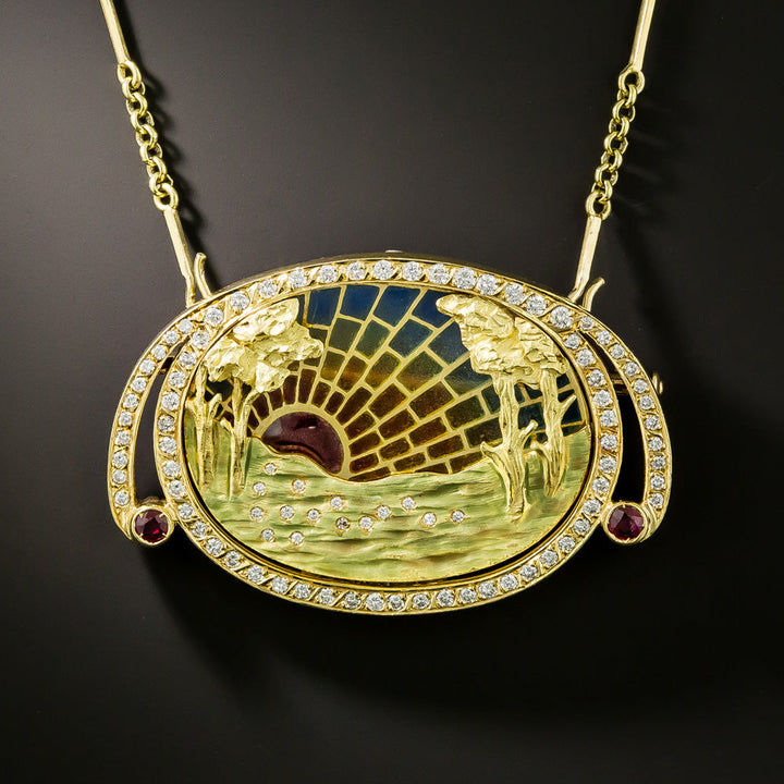 Art Nouveau-Style Sunset Plique-à-Jour Pendant/Brooch by Nouveau 1910