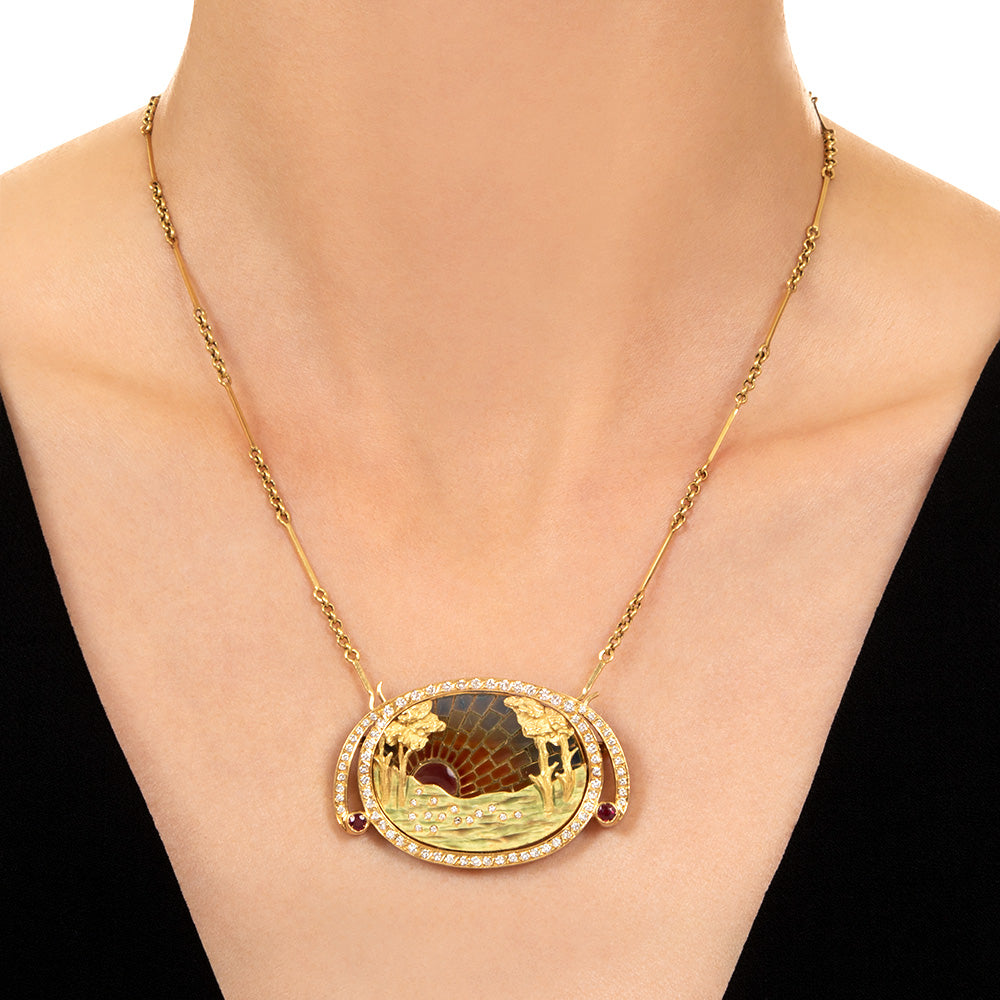Art Nouveau-Style Sunset Plique-à-Jour Pendant/Brooch by Nouveau 1910 - 5