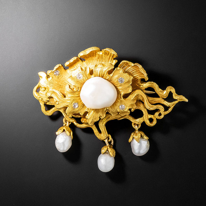 Art Nouveau Water Lily Pearl and Diamond Brooch by Thomas Brogan