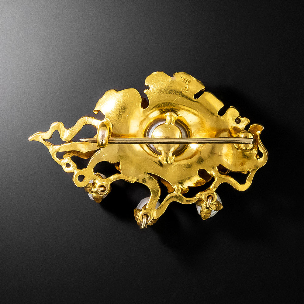 Art Nouveau Water Lily Pearl and Diamond Brooch by Thomas Brogan - 3