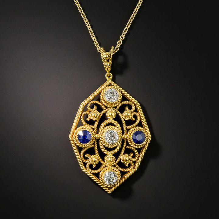 Arts and Crafts Diamond and Sapphire Pendant Necklace