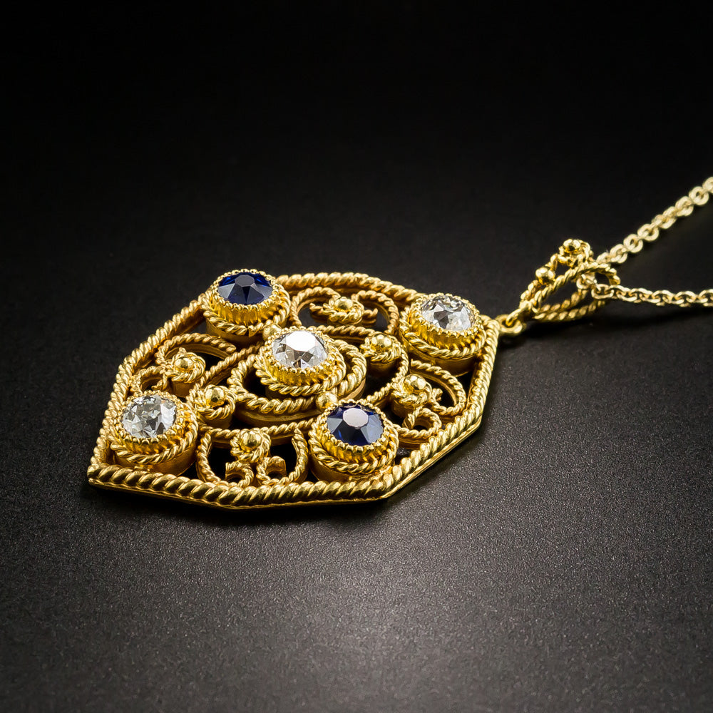Arts and Crafts Diamond and Sapphire Pendant Necklace - 4