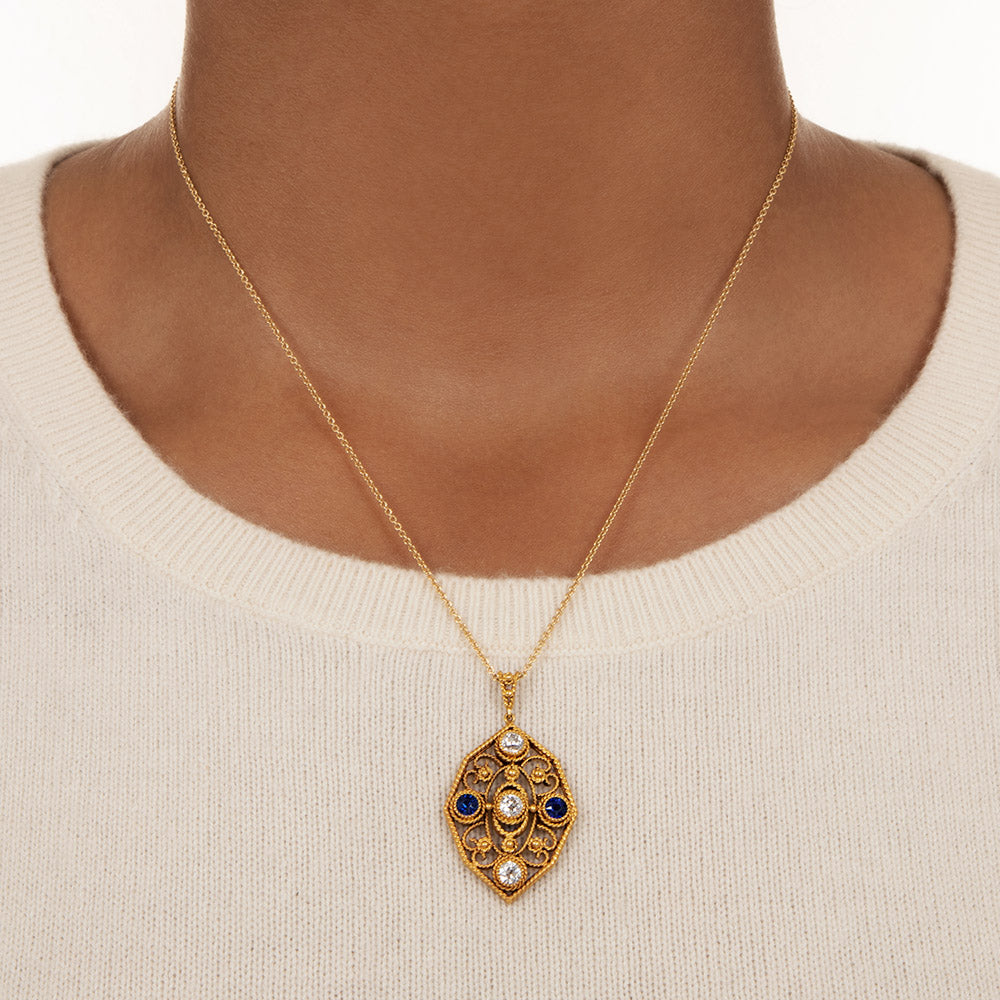 Arts and Crafts Diamond and Sapphire Pendant Necklace - 4