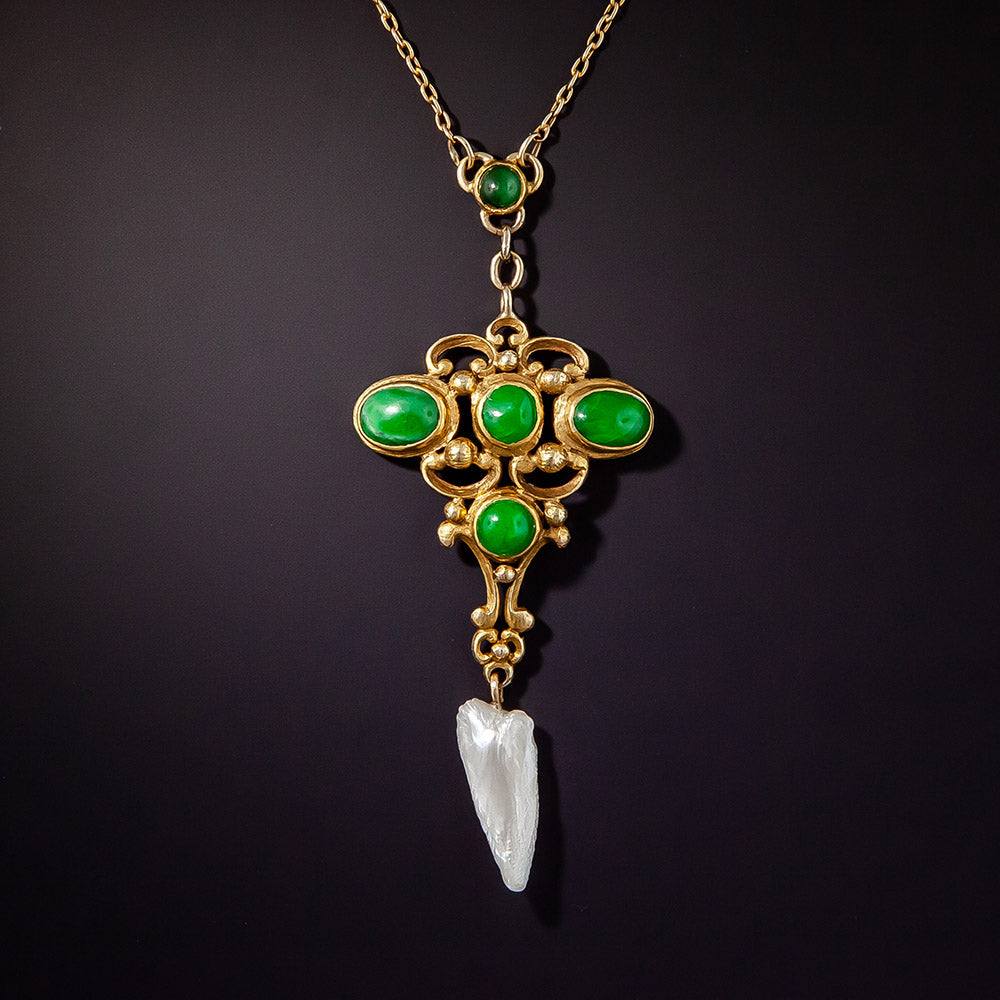 Arts and Crafts Jade and Freshwater Pearl Necklace By Potter Studios - 1