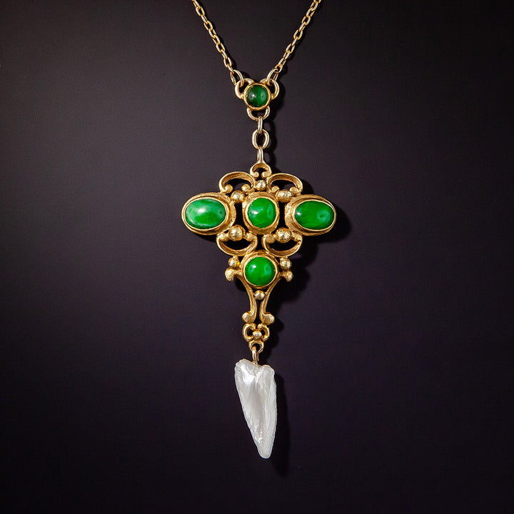 Arts and Crafts Jade and Freshwater Pearl Necklace By Potter Studios