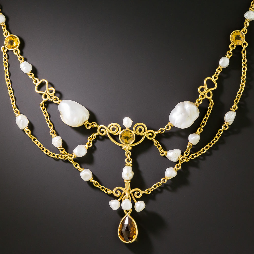 Arts and Crafts Pearl and Citrine Swag Necklace - 3