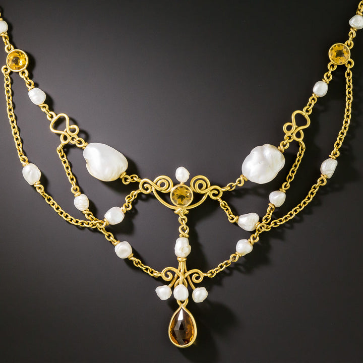 Arts and Crafts Pearl and Citrine Swag Necklace