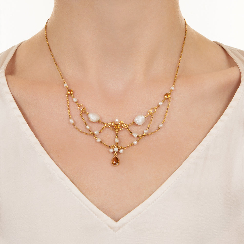 Arts and Crafts Pearl and Citrine Swag Necklace - 4