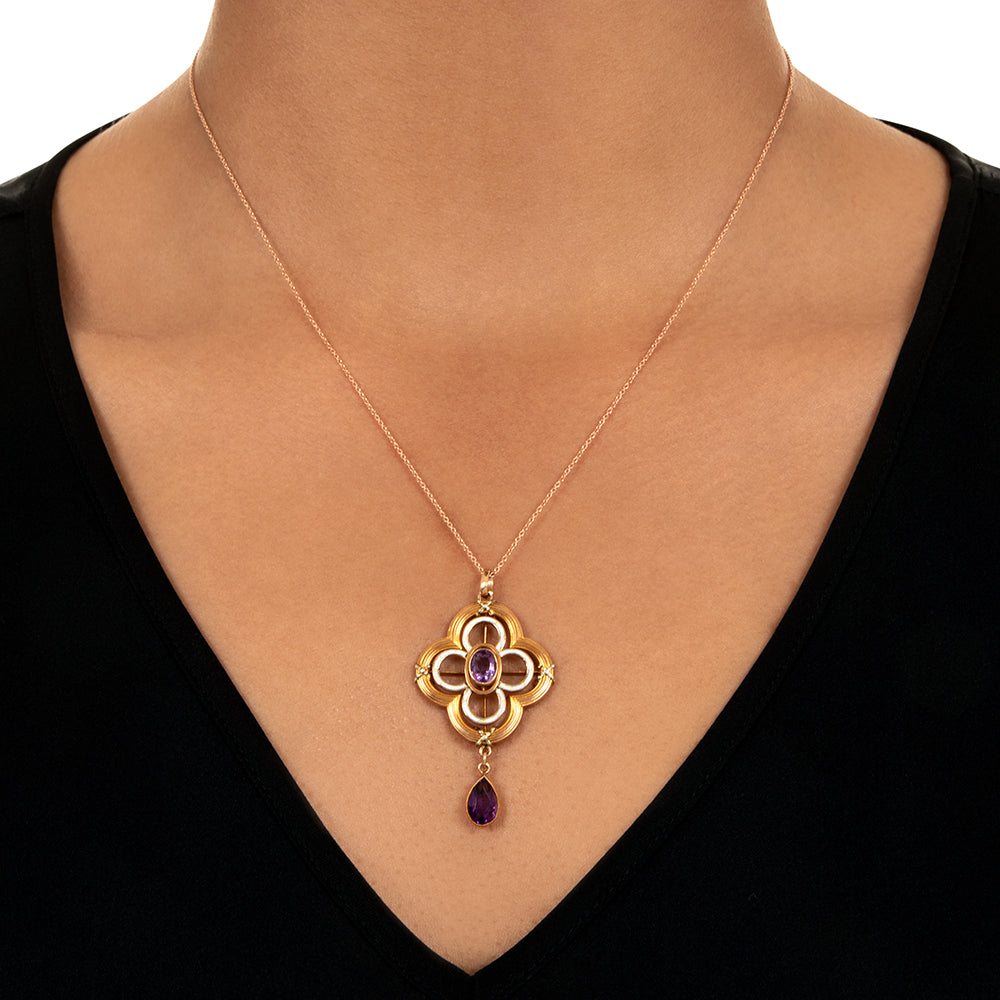 Arts & Crafts Amethyst and White Enamel Necklace, English - 3
