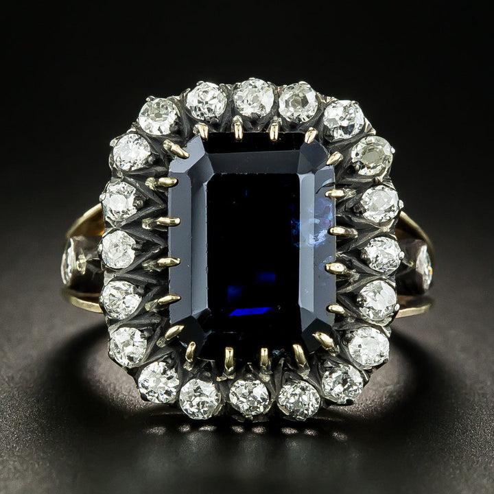 Australian 6.75 Carat No-Heat Midnight Blue Emerald-Cut Sapphire and Diamond Ring