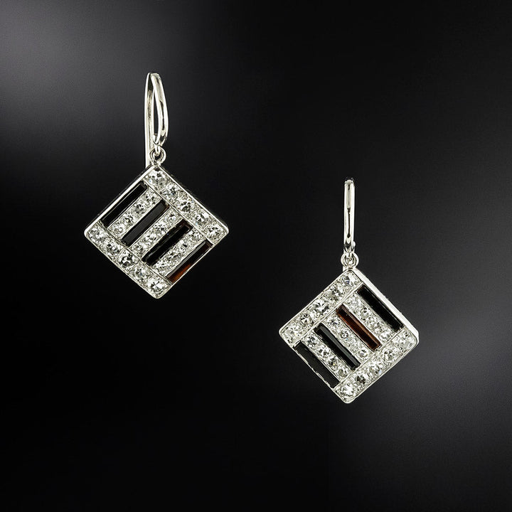 Austrian Art Deco Onyx and Diamond Earrings