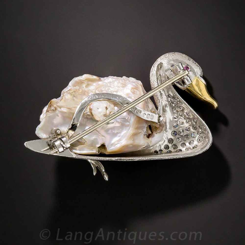 Baroque Pearl and Diamond Swan Brooch - 4
