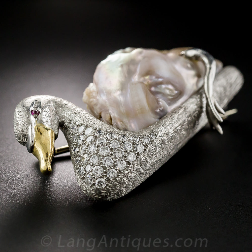 Baroque Pearl and Diamond Swan Brooch - 5