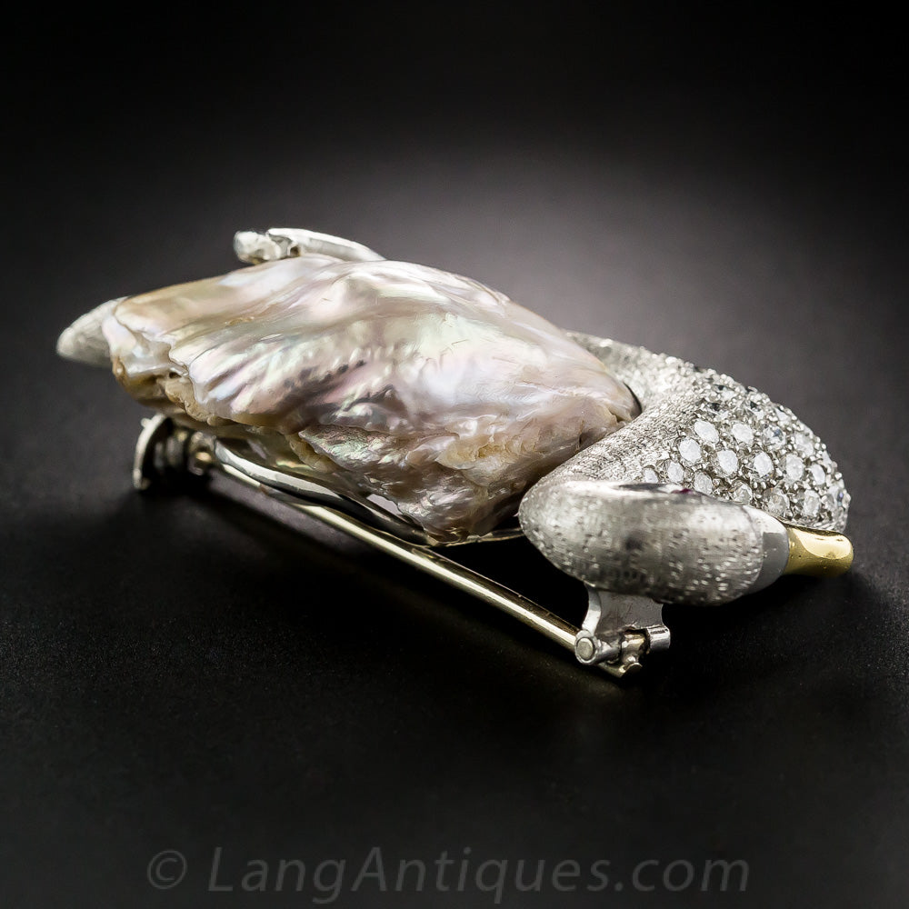 Baroque Pearl and Diamond Swan Brooch - 7