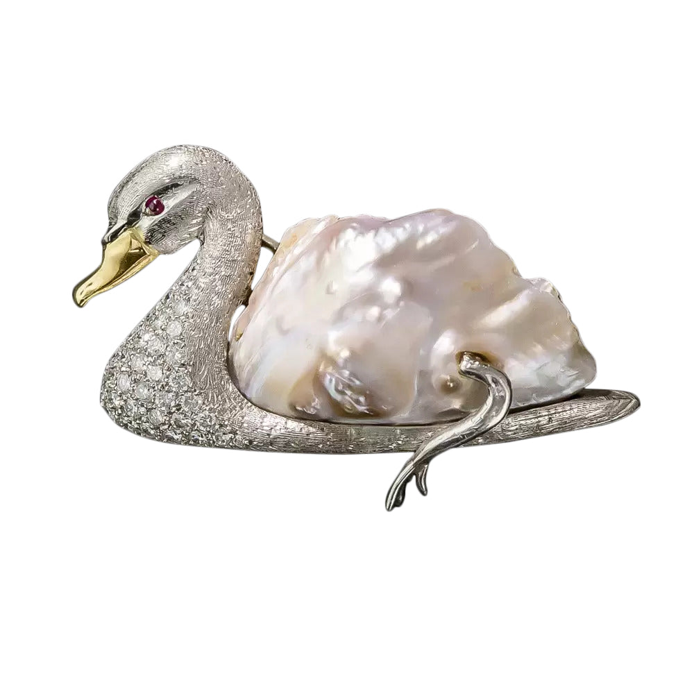 Baroque Pearl and Diamond Swan Brooch - 7