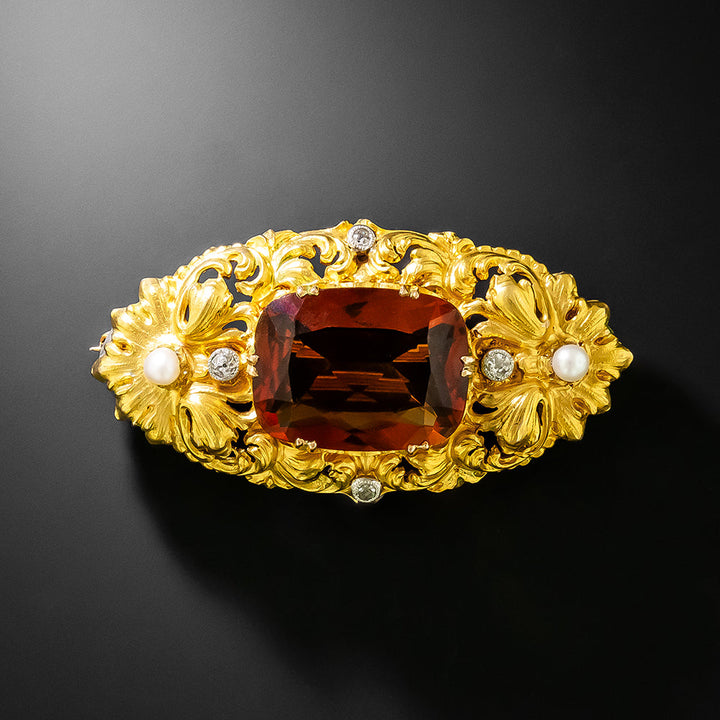 Baroque-Style  Madeira Citrine, Diamond and Pearl Brooch