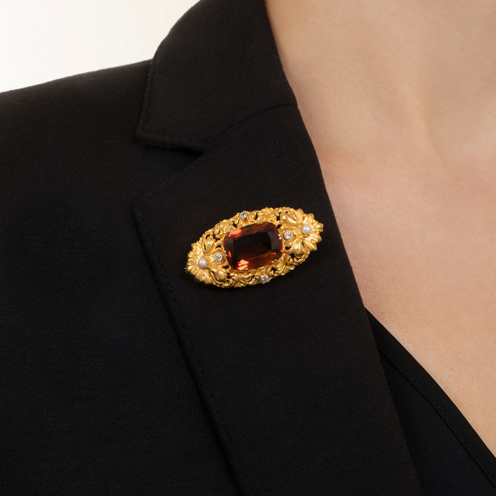 Baroque-Style  Madeira Citrine, Diamond and Pearl Brooch - 4