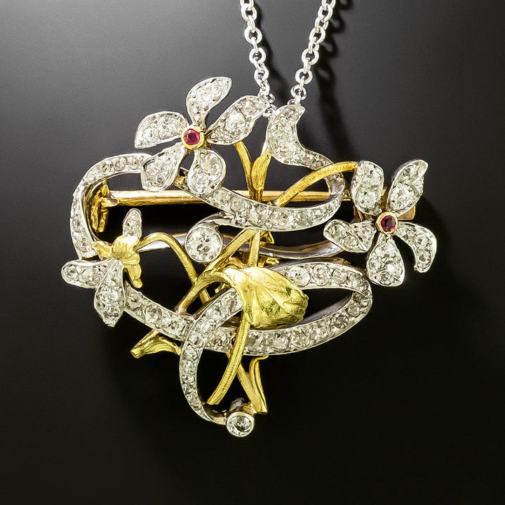Belle Époque Diamond and Ruby Floral Brooch/Pendant, French