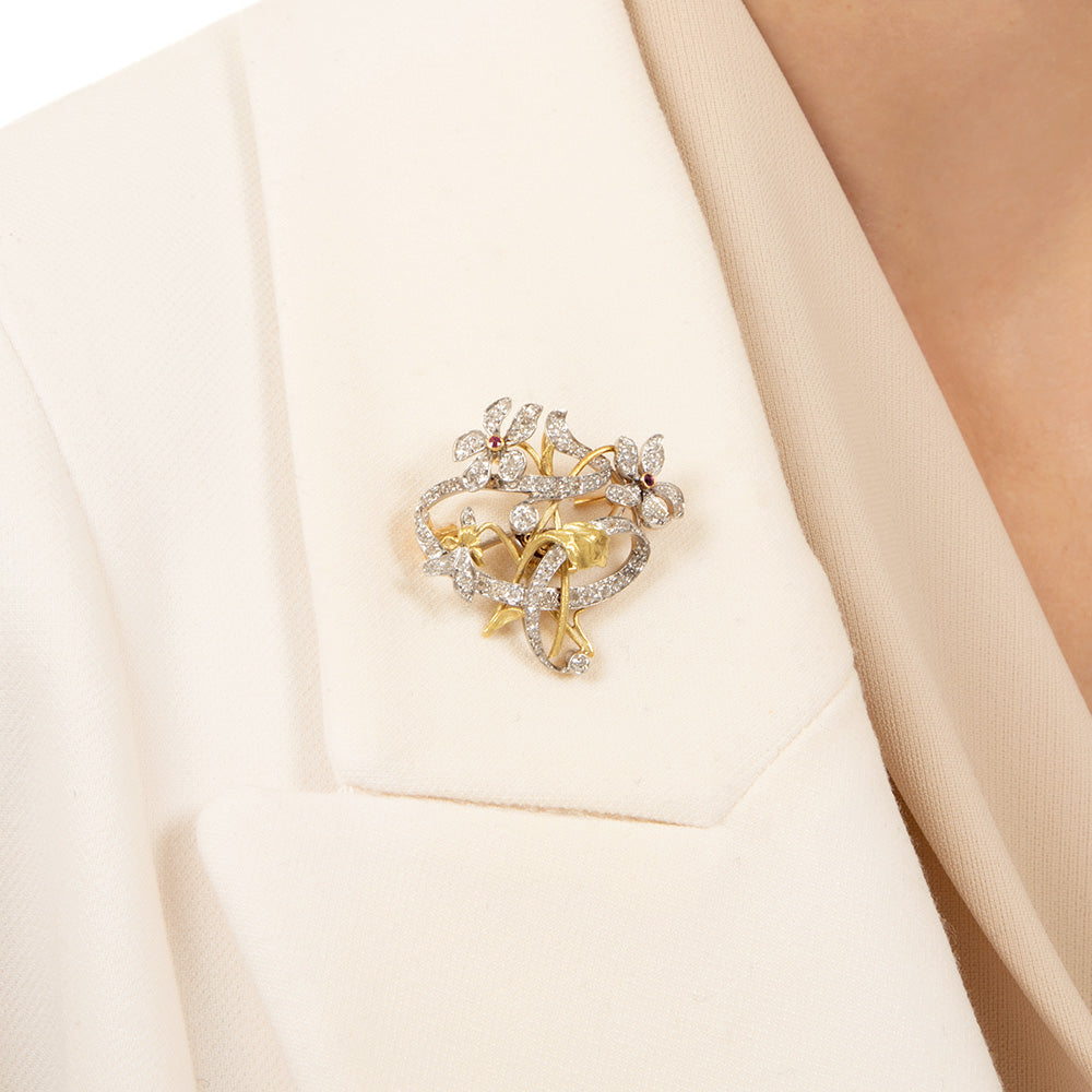 Belle Époque Diamond and Ruby Floral Brooch/Pendant, French - 5