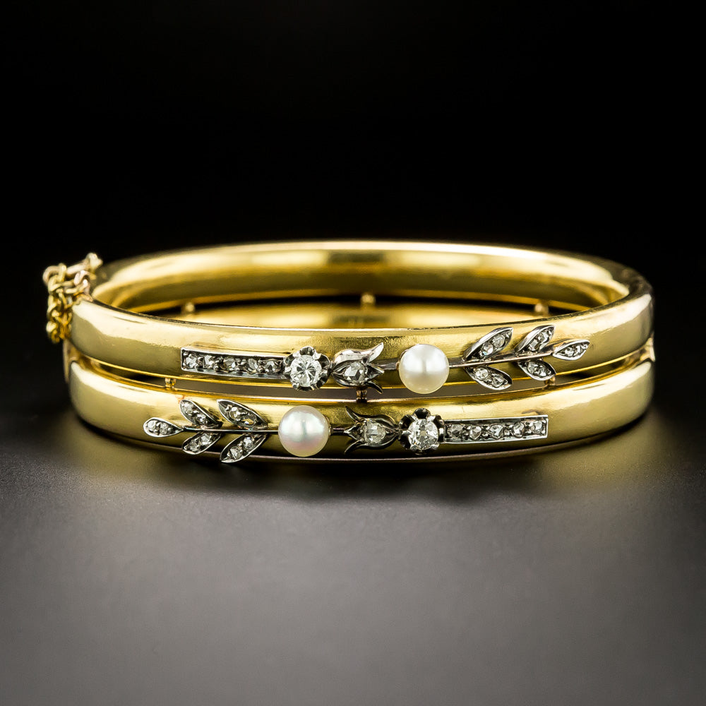 Belle Époque Natural Pearl and Diamond Bangle Bracelet, French - 3