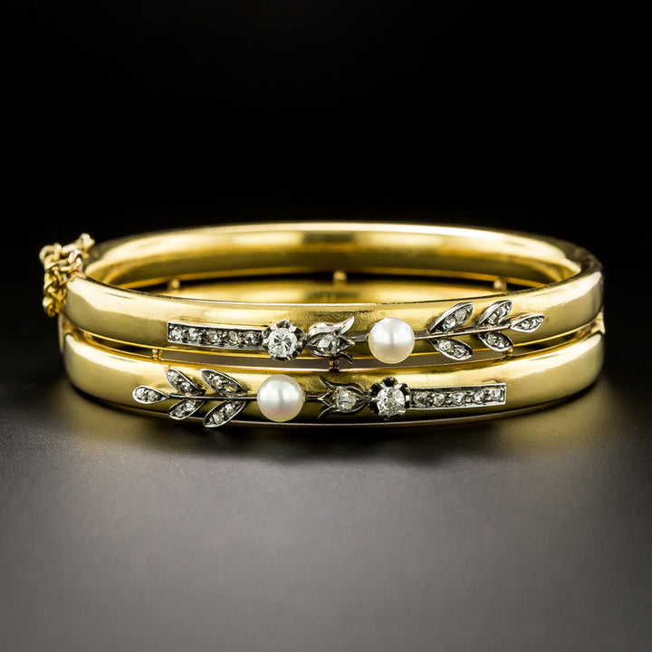 Belle Époque Natural Pearl and Diamond Bangle Bracelet, French