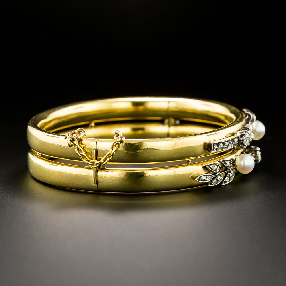 Belle Époque Natural Pearl and Diamond Bangle Bracelet, French - 4