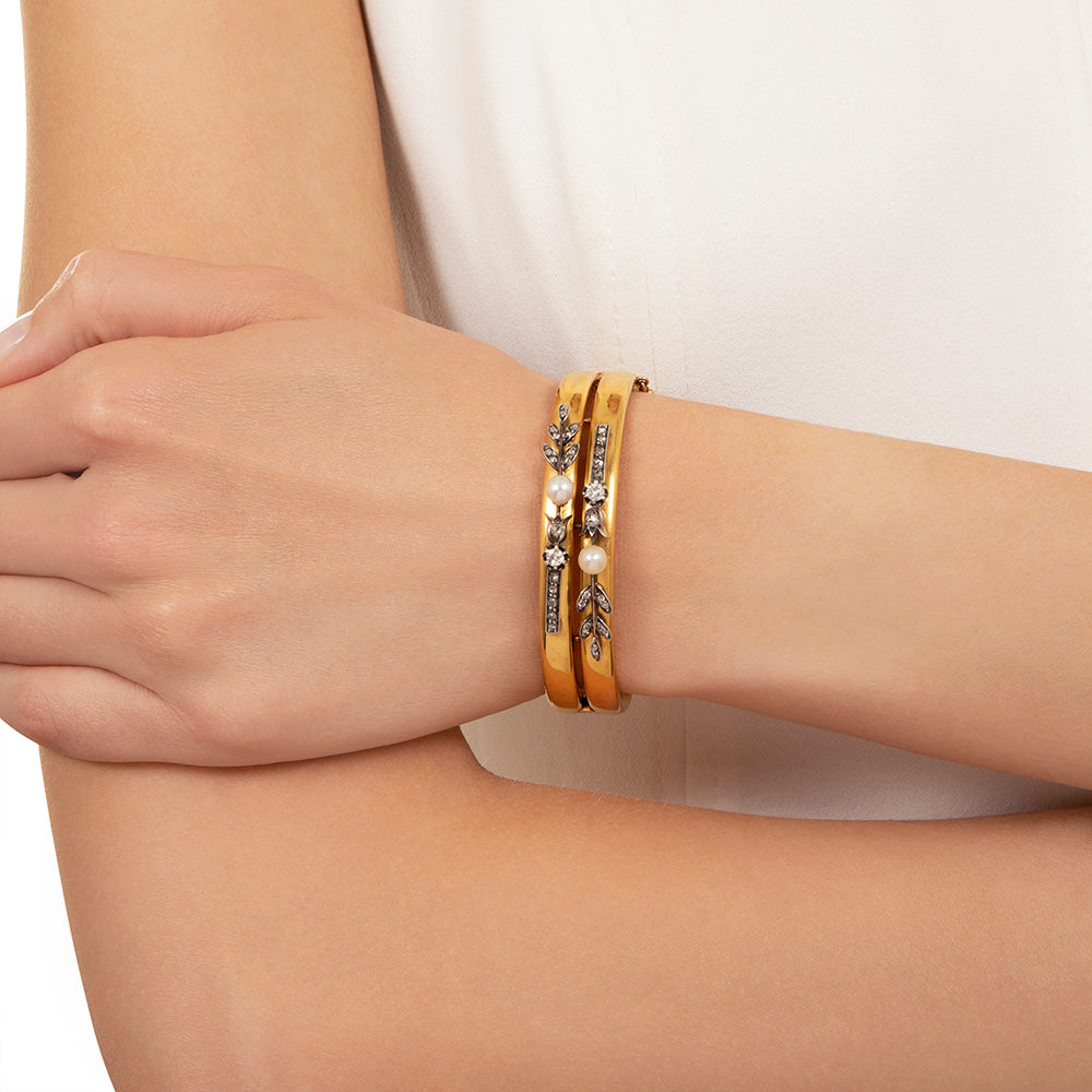 Belle Époque Natural Pearl and Diamond Bangle Bracelet, French - 5