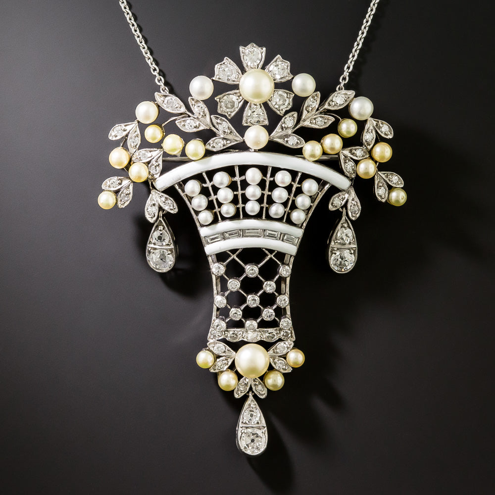 Belle Époque-Style Diamond, Pearl and Enamel Earring and Necklace Set - 2