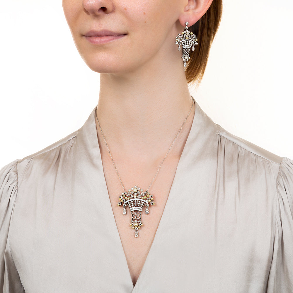 Belle Époque-Style Diamond, Pearl and Enamel Earring and Necklace Set - 6